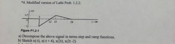*4. Modified version of Lathi Prob. 1.2.2: 12 15 24 ...... Figure P1.2-1 a) Decompose the above signal in terms step and ramp
