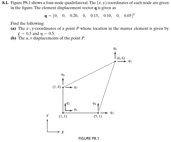8.1. Figure P8.1 shows a four-node quadrilateral. The (x, y) coordinates of each node are given in the figure. The element di