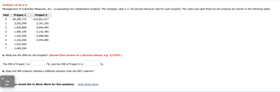 Problem 10.32 a-b Management of Cullumber Measures, Inc., is evaluating two independent projects. The company uses a 11.30 pe