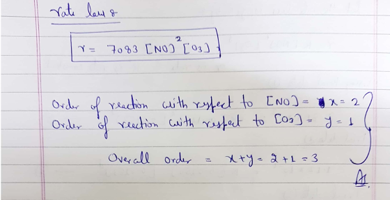rate laul & Y= 7083 [NO]*[03] Order of reaction ith respect to [no] = x=27 Order of reaction with respect to [og] =y=+ Overal