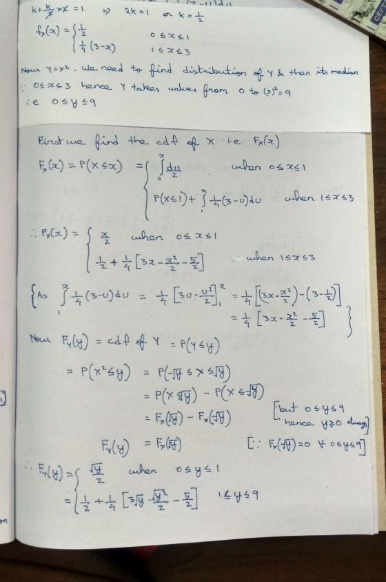 FIXIN TARA CEFT ktk x7 21 ) ak=1 onk=t fx(x) = { osasi 1 Ź (3-2) 15x23 Nour y=x². We need to find distribution of Y & then it