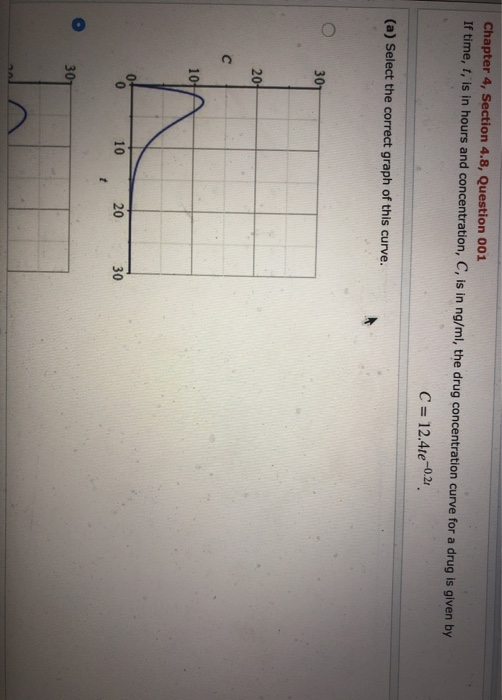 Chapter 4, Section 4.8, Question 001 If time, I, is in hours and concentration, C, is in ng/ml, the drug concentration curve
