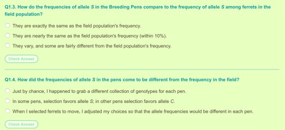 Q1.3. How do the frequencies of allele S in the Breeding Pens compare to the frequency of allele S among ferrets in the field