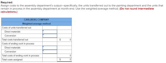 Required: Assign costs to the assembly departments output-specifically, the units transferred out to the painting department