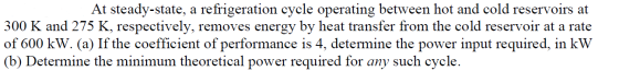 At steady-state, a refrigeration cycle operating between hot and cold reservoirs at 300 K and 275 K, respectively, removes en