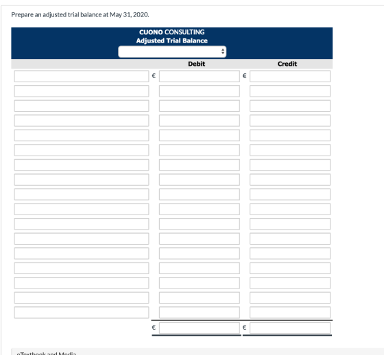 Prepare an adjusted trial balance at May 31, 2020. CUONO CONSULTING Adjusted Trial Balance Debit Credit Toythook and Modia