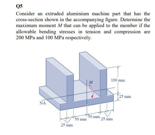 Q5 Consider an extruded aluminium machine part that has the cross-section shown in the accompanying figure. Determine the maximum moment M that can be applied to the member if the allowable bending stresses in tension and compression are 200 MPa and 100 MPa respectively 100 mm 25 mm NA 50 mm 25 mm 50 mm 25 mm