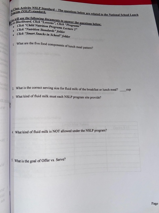 Activity NLP Standard dass. Acta eram (NSLP) standard, The questions below are related to the National School use the followi