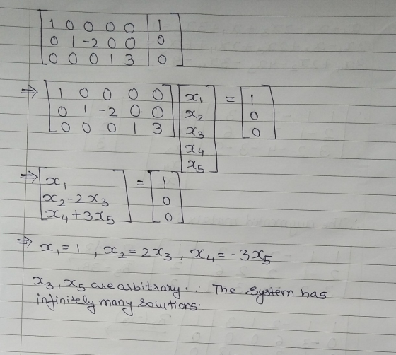 O 01-20 0 LO O O 13 1 0 0 ОО - 2 0 0 0 0 1 3 1 O 2 X2 X3 X4 X5 0 0-223 [D4 +3X5 7x, = 1,x₂= 2x3, x=-3X5 X3, X are arbitrary .