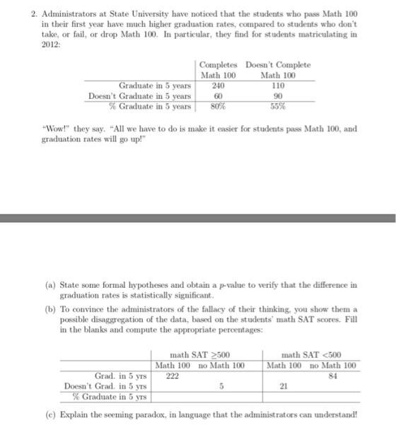 2. Administrators at State University have noticed that the students who pass Math 100 in their first year have much higher graduation rates, compared to students who dont take, or fail, or drop Math 100. In particular, they find for students matriculating in 2012 Completes Doesnt Complete Math 100 240 60 Math 100 110 90 Graduate in 5 years Doesnt Graduate in 5 Graduate in 5 years Wow! they say. All we have to do is make it easier for students graduation rates will go up! pass Math 100, and (a) State some formal hypotheses and obtain a p-value to verify that the difference in graduation rates is statistically significant (b) To convince the administrators of the fallacy of their thinking, you show them a possible disaggregation of the data, based on the students math SAT scores. Fill in the blanks and compute the appropriate percentages math SAT 2500 Math 100 no Math 100 math SAT <500 Math 100 no Math 100 Grad. in 5 yrs 222 84 Doesnt Grad. in 5 vrs Graduate in 5 yrs 5 21 (c) Explain the seeming paradox, in language that the administrators can understand!