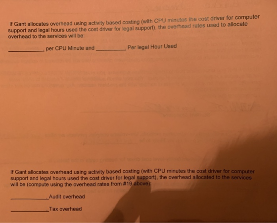 If Gant allocates overhead using activity based costing (with CPU minutes the cost driver for computer support and legal hour