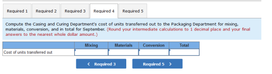Required 1 Required 2 Required 3 Required 4 Required 5 Compute the Casing and Curing Departments cost of units transferred o