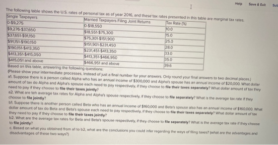 Sul Help Save & Exit I The following table shows the U.S.rates of personal tax as of year 2016, and these tax rates presented