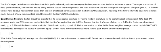 The firms target capital structure is the mix of debt, preferred stock, and common equity the firm plans to raise funds for