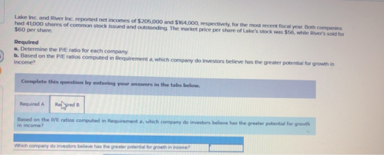 Lake Inc. and River Inc. reported net incomes of $205,000 and $164,000, respectively, for the most recent fiscal year. Both c