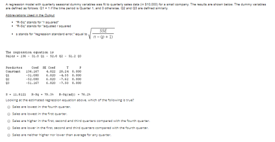 A regression model with quarterly seasonal dummy variables was fit to quarterly sales data (in $10.000) for a small company.