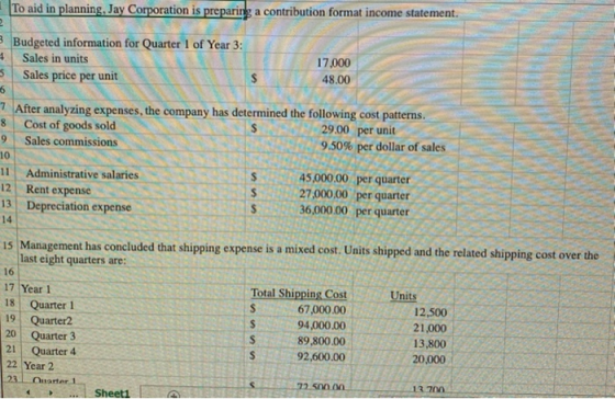 To aid in planning, Jay Corporation is preparing a contribution format income statement. 2 3 Budgeted information for Quarter