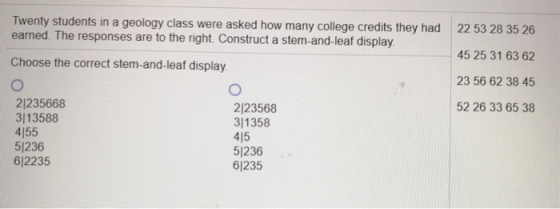 22 53 28 35 26 Twenty students in a geology class were asked how many college credits they had earned. The responses are to t