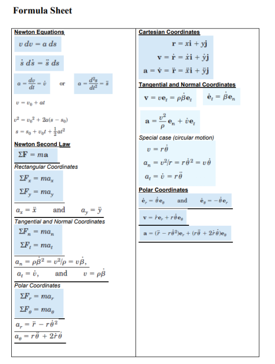 Formula Sheet Newton Equations u du = a ds s ds = g ds Cartesian Coordinates r = xi + yj v = r = či + ýj a = v = f = $i+yj Ta