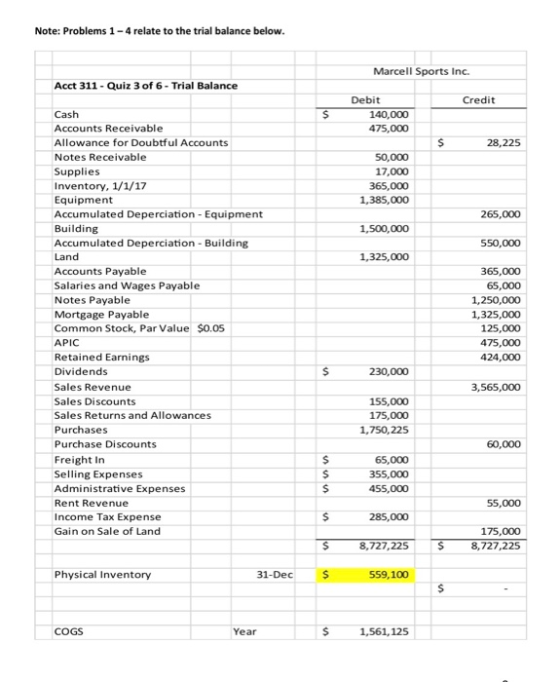 Note: Problems 1-4 relate to the trial balance below. Marcell Sports Inc. Acct 311 - Quiz 3 of 6 - Trial Balance Credit Debit