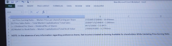 New Microsoft Excel Worksheet - Excel INSERT FORMULAS DATA REVIEW VIEW DEVELOPER A3 1 B C с (a) Price Earning Ratio Market Pr