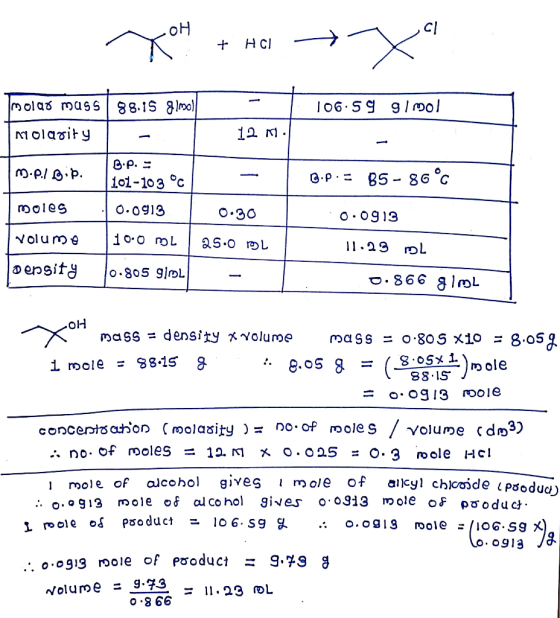 XOH + HC1 + + HCI x 106.59 g/mol molar mass nyolasity 88.15 g/mol - B.P. = 101-103 °C 12 . m.pl Bip. G.P.= 85-86°C moles 0.09