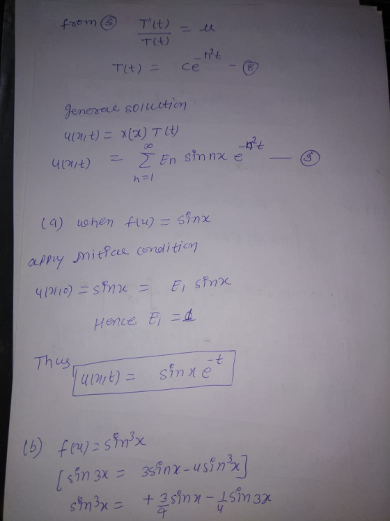 from Tit TH T(t)= ce genenrece solutrien 91t T En sin nx e appy mitfas Condition Hence Ed Thus sinxe (9 419 [ingx3inn-usin7