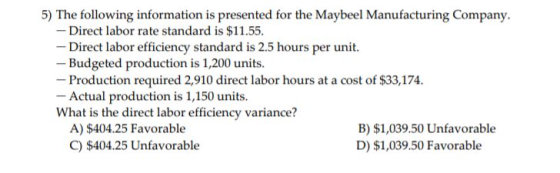 5) The following information is presented for the Maybeel Manufacturing Company. - Direct labor rate standard is $11.55. - Di