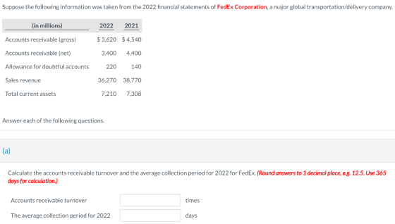 Suppose the following information was taken from the 2022 financial statements of FedEx Corporation, a major global transport