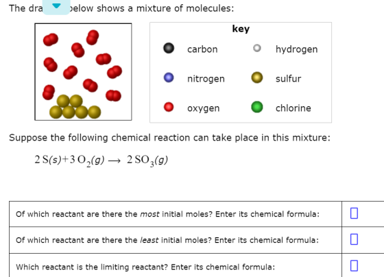 The dra elow shows a mixture of molecules: key carbon o hydrogen nitrogen O sulfur oxygen chlorine Suppose the following chem