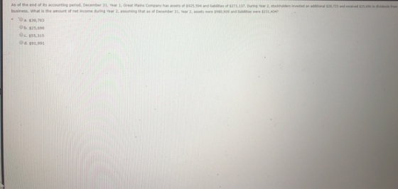 As of the end of its accounting period. December 31 Year 1, Great Plains Company has assets of $25.504 business. What is the