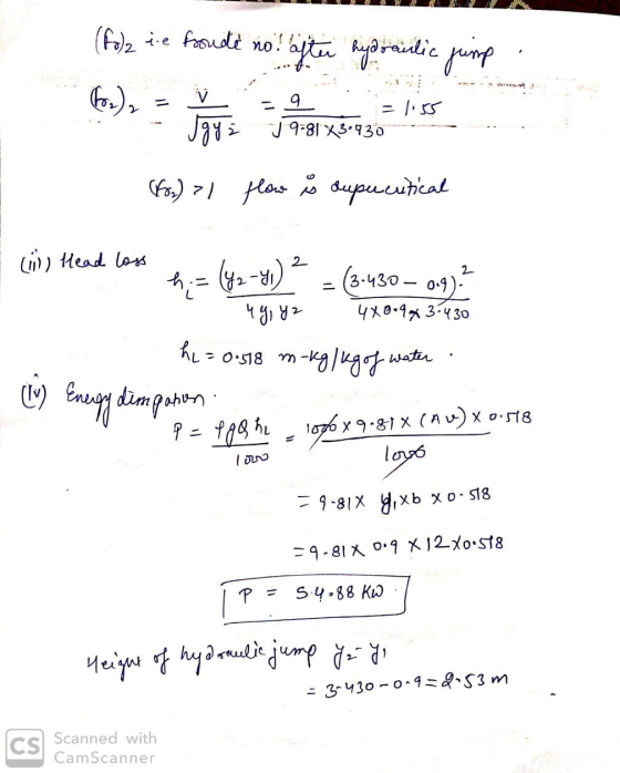 (fol2 i-e froude no! after hydraulic jump V Jgyż - 9 = 1:55 v 9-81X3.930 For) >1 flow is super cutical (ii) Head loss hi= (42