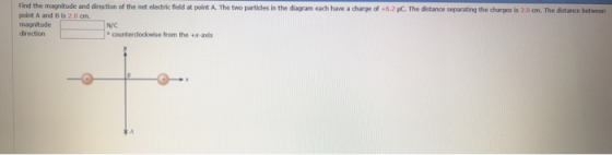 Find the magnitude and direction of the net electric field at point A. The two partides in the diagram each have a charge of +6.2 pC. The distance separating the charges is 3.0 am. The distance between point A and B is 2.0 cn magnitude direction N/C ecountercdockwise from the +x-axis