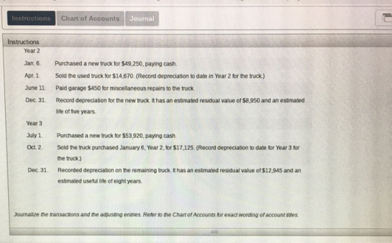 Instructions Chart of Accounts Journal Instructions Year 2 Jan. 6. Apr 1 June 11 Purchased a new truck for $49,250, paying ca