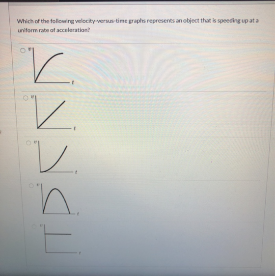 Which of the following velocity-versus-time graphs represents an object that is speeding up at a uniform rate of acceleration