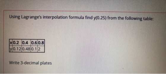 Using Lagranges interpolation formula find y(0.25) from the following table: x 0.2 0.4 0.6 0.8 y0.12 0.48 0.12 Write 3-decim