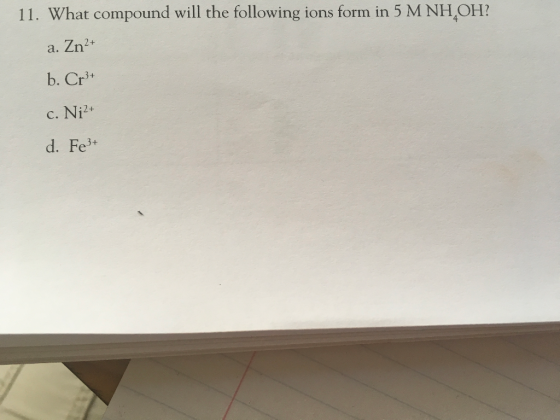11. What compound will the following ions form in 5 M NH OH? a. Zn2+ b. Cr3* c. Ni2+ d. Fe*