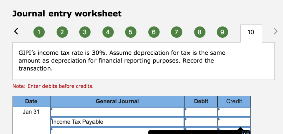 Journal entry worksheet 2 3 6 7 8 10 1 4 5 GIPIs income tax rate is 30%. Assume depreciation for tax is the same amount as d