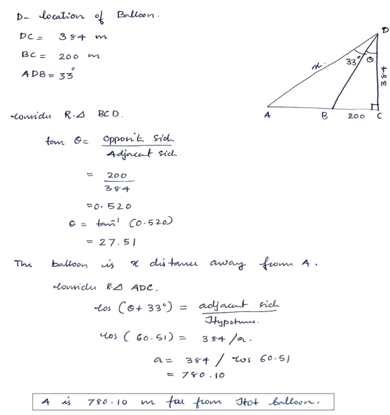 Da location of Balloon. DC- 384 BC= 200 33. 0 7 ADB= 33 384 considu R.A BCD. А B 200 с tan O= opposite sich Adjacent sich 200