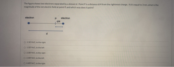 The figure shows two electrons separated by a distant d. Point P is a distance d/4 from the rightmost charge. If d is equal t
