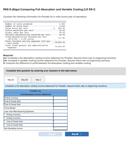 PA5-5 (Algo) Comparing Full Absorption and Variable Costing [LO 55-1] Consider the following information for Presidio Inc.s