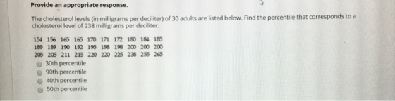 Provide an appropriate response. The cholesterol levels (in milligrams per deciliter) of 30 adults are listed below. Find the