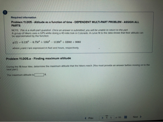 Required information Problem 11.005 - Altitude as a function of time - DEPENDENT MULTI-PART PROBLEM - ASSIGN ALL PARTS NOTE: