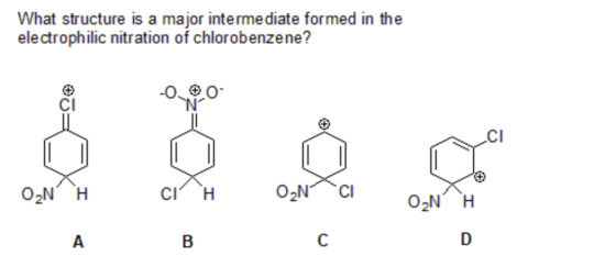 What structure is a major intermediate formed in the electrophilic nitration of chlorobenzene? ONH CH 0Nci ON