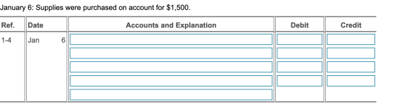 January 6: Supplies were purchased on account for $1,500. Ref. Date Accounts and Explanation Debit Credit 1-4 | Jan 60