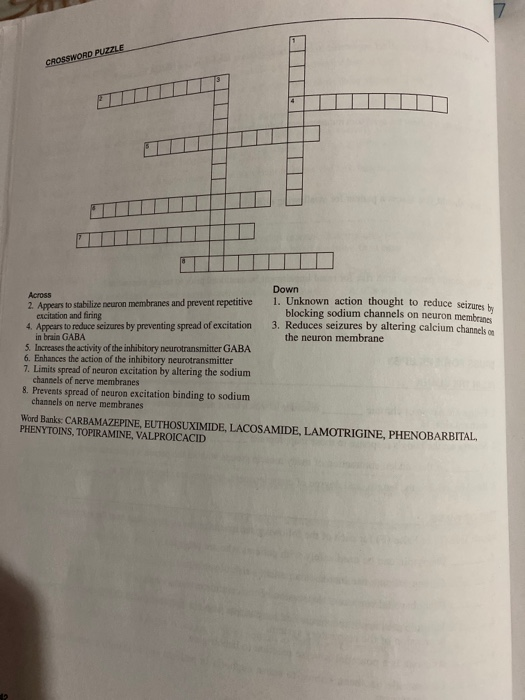 CROSSWORD PUZZLE Down Across 2. Appears to stabilire neuron membranes and prevent repetitive 1. Unknown action thought to red
