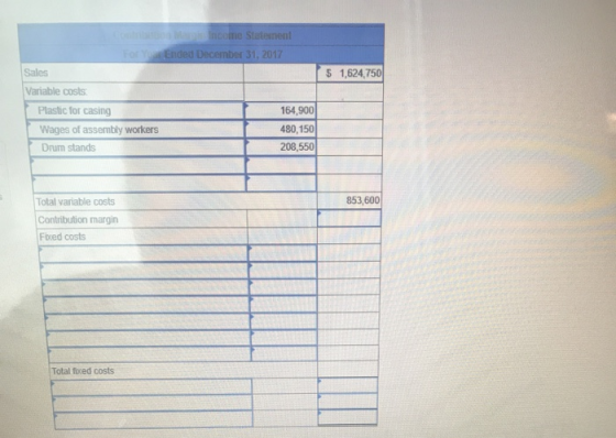 income Statement Ended December 31, 2017 5 1,624,750 Sales Variable costs Plastic for casing Wages of assembly workers Drum s