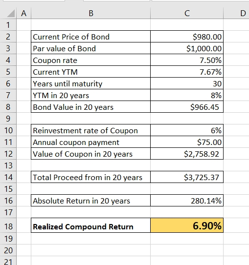 в Current Price of Bond Par value of Bond Coupon rate Current YTM Years until maturity YTM in 20 years Bond Value in 20 years