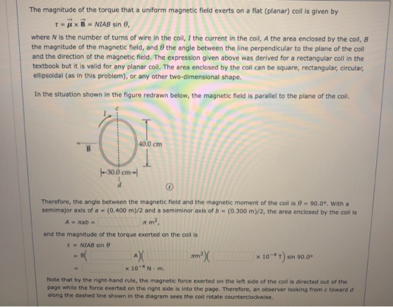 The magnitude of the torque that a uniform magnetic field exerts on a flat (planar) coil is given by T = u x B - NIAB sin , w