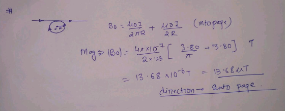 # (into page) Во - lio I 20R + MOI QR Mog= (Bo) = 4A X10 + [ 3.80 +3.80] T 2 x 23 13.68 UT = 13.68x1067 direction auto page